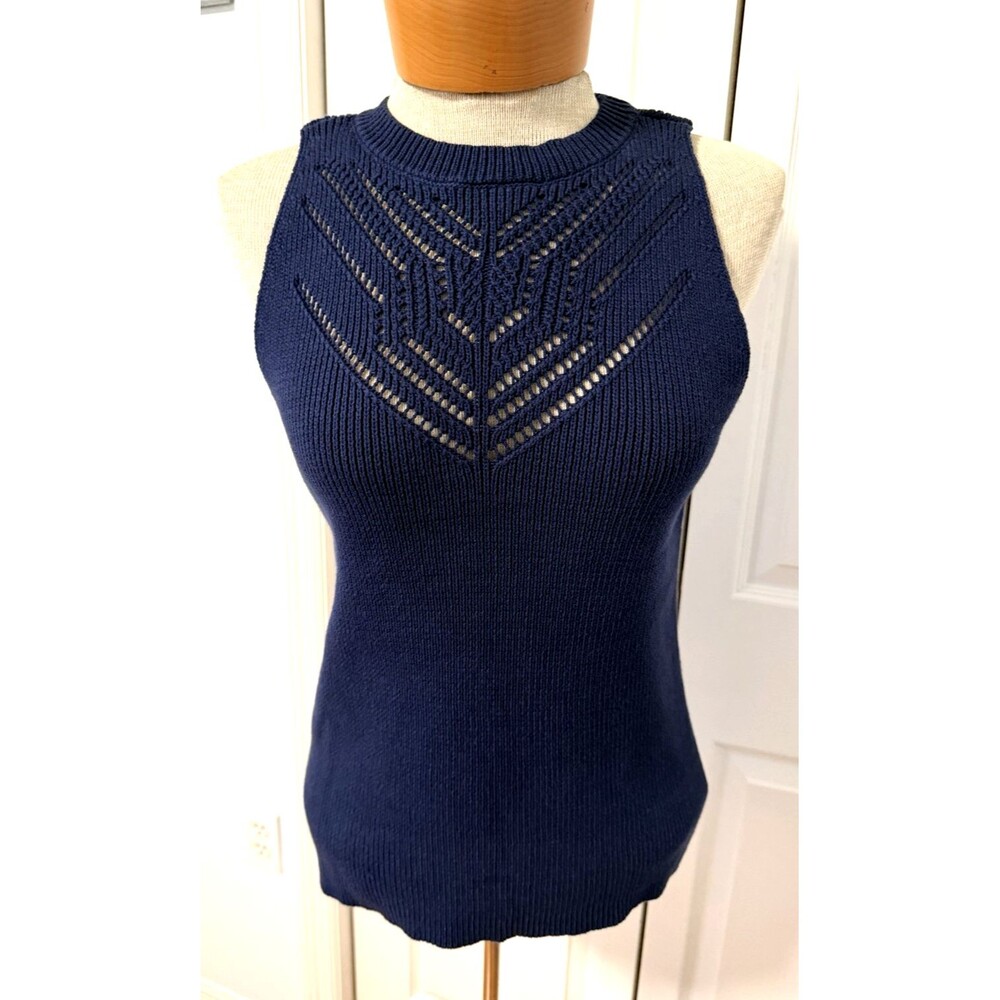 NEW LOFT Women’s Navy Blue Sleeveless Pointelle Sweater Tank Top Sz M NWT
